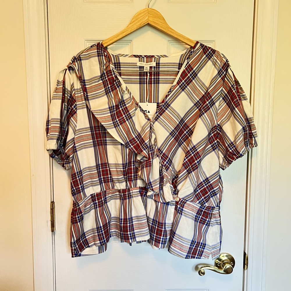 Free Assembly Women’s Plaid Ruffle Wrap Top Blouse Size XXL Curvy - Picture 2 of 10